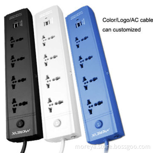 Universal standard power strip with 4 socket outlets + 2 USB plugs, ABS casing, overload protection